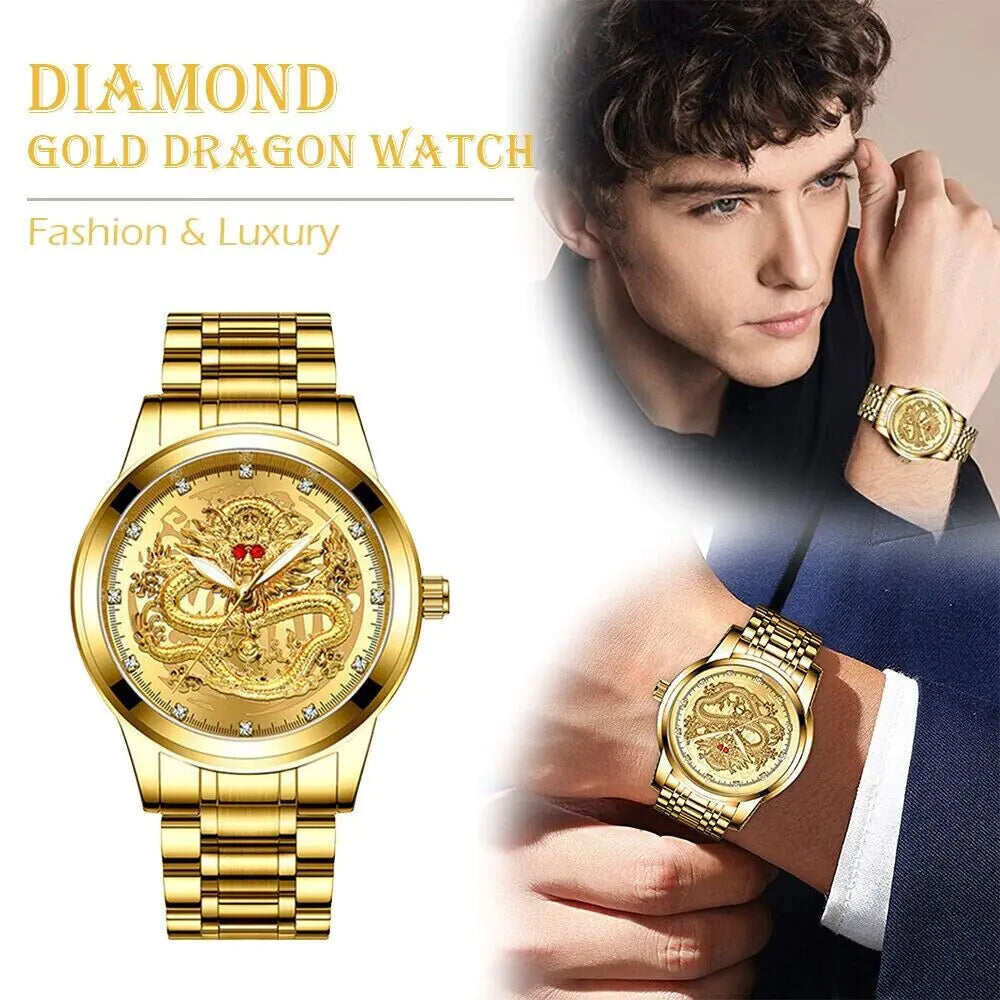 Elegant Dragon Gold Diamond Quartz Men's Watch