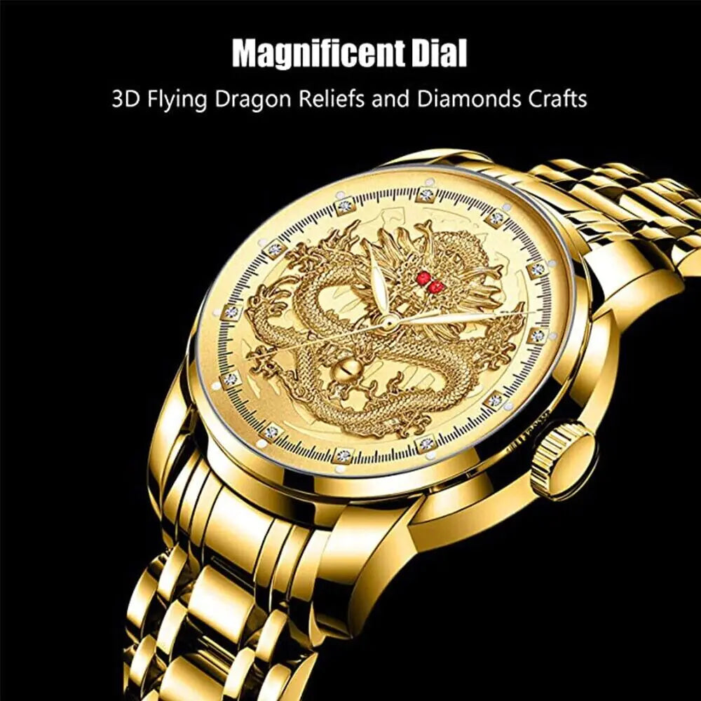 Elegant Dragon Gold Diamond Quartz Men's Watch