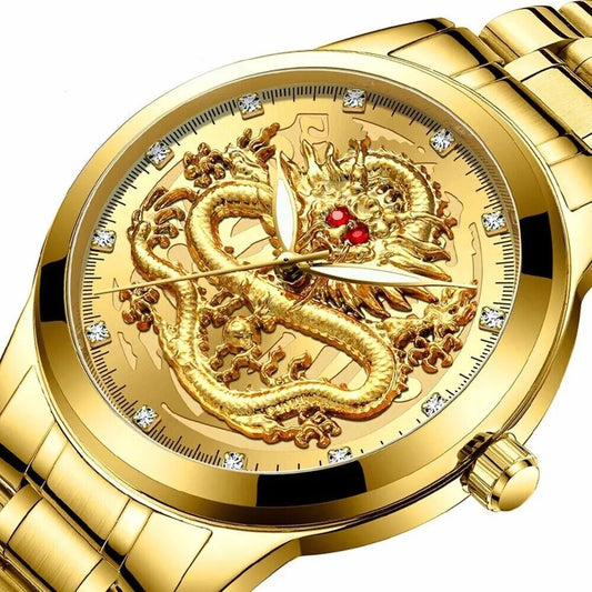 Elegant Dragon Gold Diamond Quartz Men's Watch