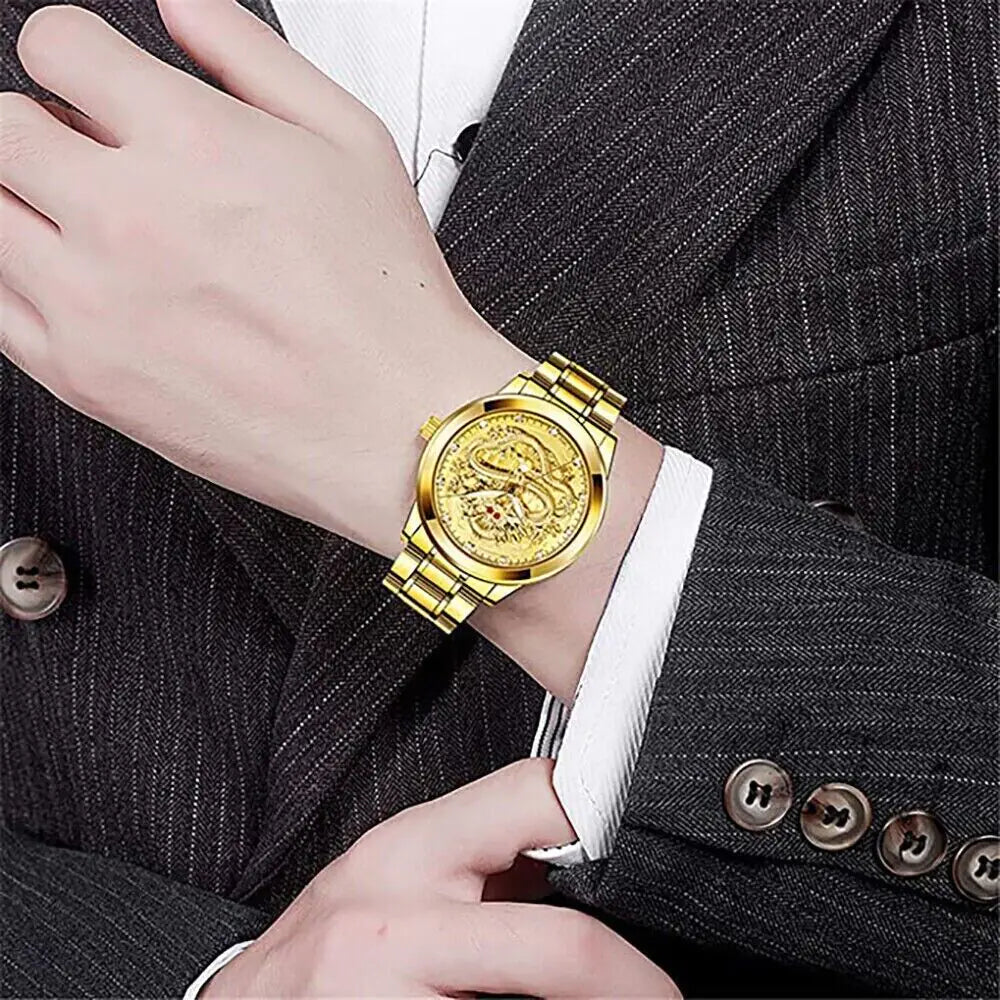 Elegant Dragon Gold Diamond Quartz Men's Watch