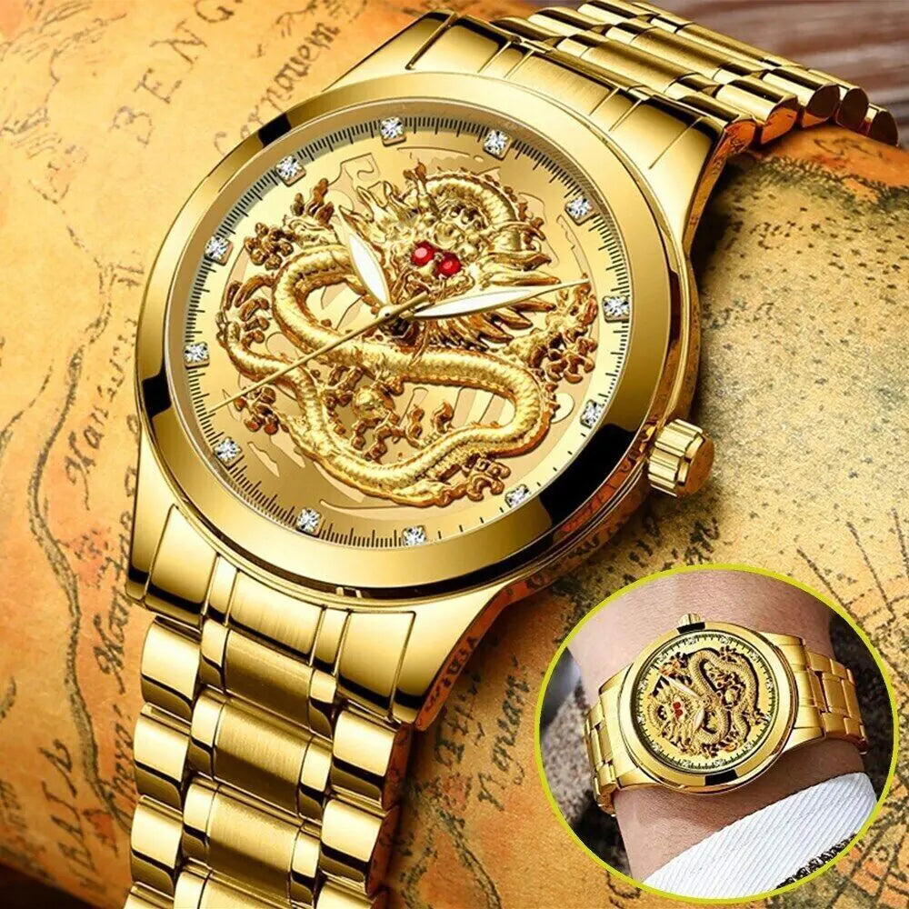 Elegant Dragon Gold Diamond Quartz Men's Watch