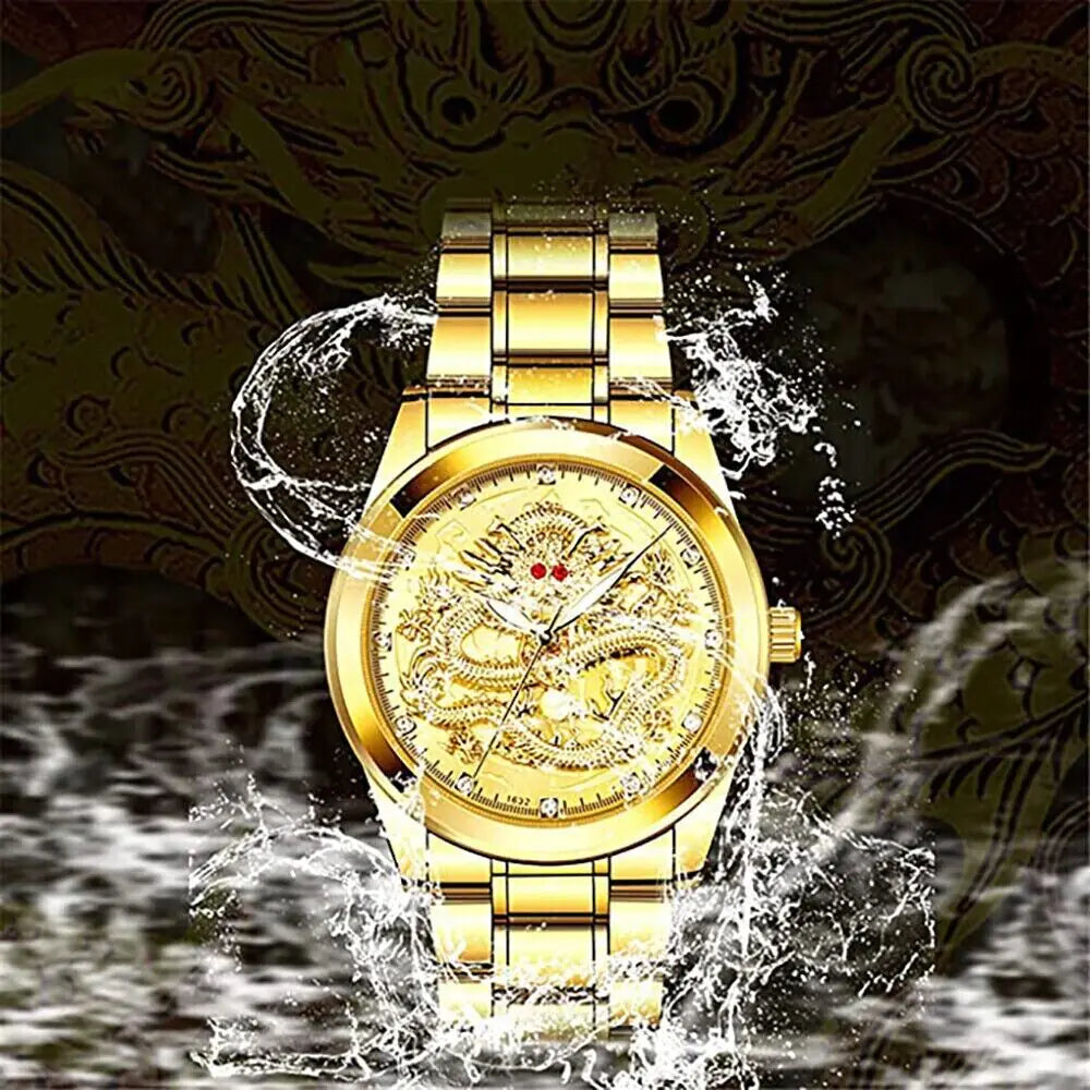 Elegant Dragon Gold Diamond Quartz Men's Watch