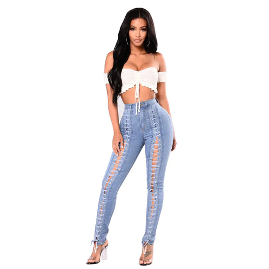 Chic Light Blue Women's Bandage Jeans - Bulk Order