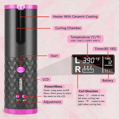 Ceramic Wireless Curling Iron Auto-LCD USA - Kool Thingz