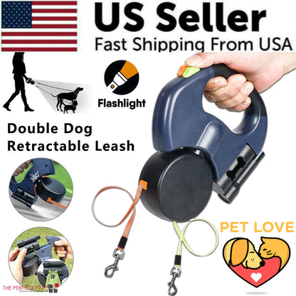 Dual Pet Leash Retractable Reflective Lead 360 Swivel Double Dog Walking Leash