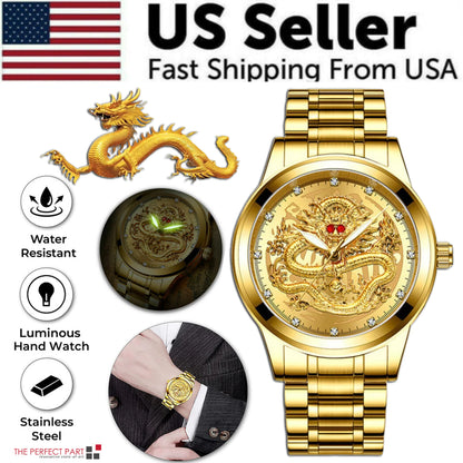 Elegant Dragon Gold Diamond Quartz Men's Watch